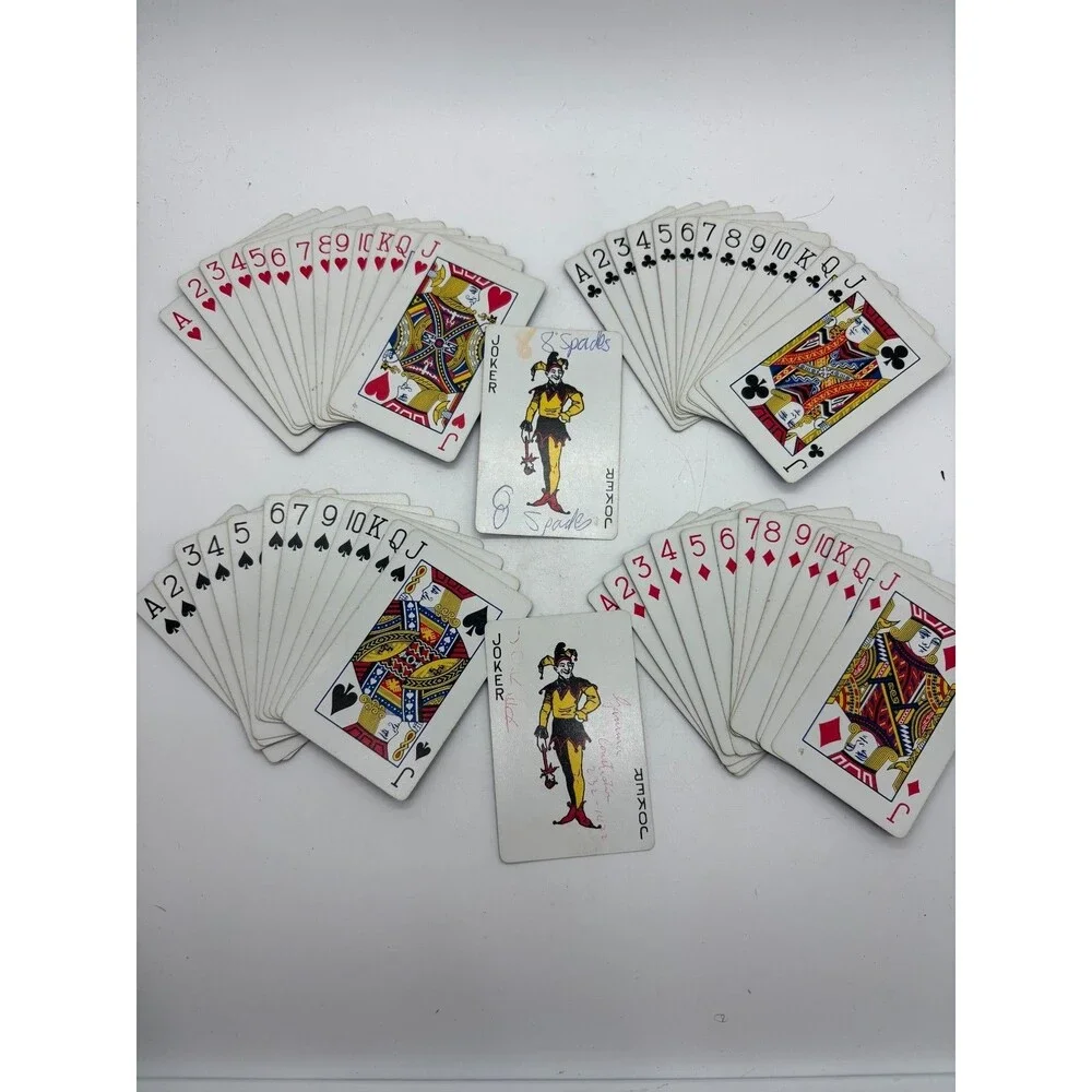 Vintage Eastern Deck of Playing Cards w/ Ornate Gold Trim Case & Signed Jokers